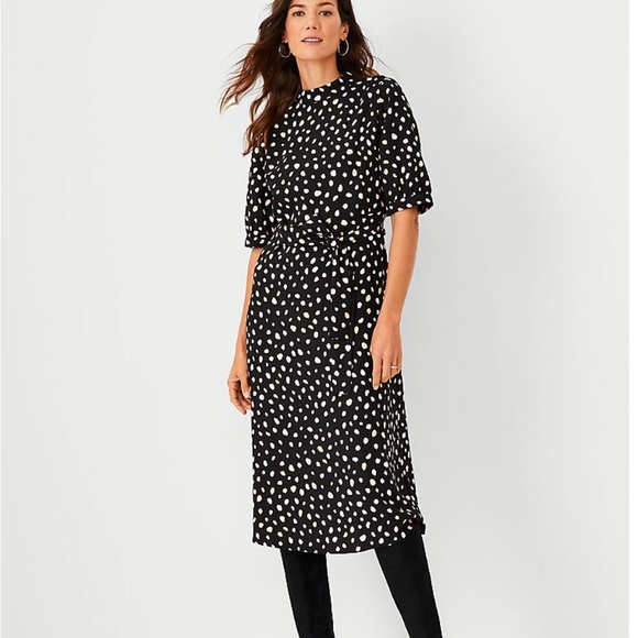 Ann Taylor Black Spotted Mock Neck Midi Dress - Picture 3 of 3